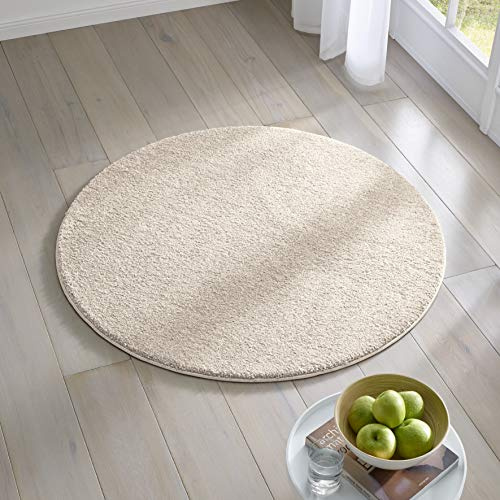 TacaHome Kurzflor Teppich Designer I Flauschiger Flachflor für Wohnzimmer, Esszimmer, Schlafzimmer oder Kinderzimmer | 120 cm rund Creme