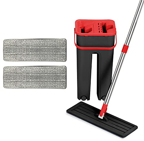 Albert Austin 5L Flat Mop and Bucket Set Convenient Floor Cleaner Lightweight And Compact Flat Mop Bucket With Wet And Dry Compartments 2 Reusable Microfiber Mop Pads Suitable For Hard Floors (Red)
