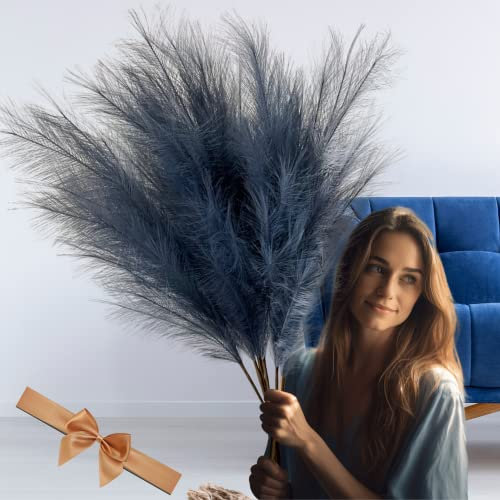 Blue Pampas Grass Large Fluffy, Tall Blue Feathers Bedroom Accessories Home Living Room, Faux Artificial Pampa Plant, Large Artificial Plants Ornaments For Tall Floor Vases 3 stems 116cm
