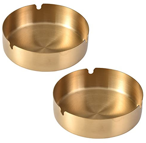ONEWANGDAFA 2 Pack Home Modern Golden Round Stainless Steel Ashtray