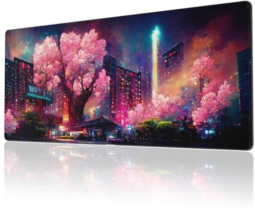 PastelMoon Grand tapis de souris de jeu avec bords cousus, Cyberpunk, motif fleurs de cerisier japonais, long et antidérapant, joli tapis de souris rose pour clavier et souris, 80 x 30 cm