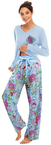 Famulily Women Comfy Pajamas, Ladies Pyjamas Set Floral Printing Long Sleeve Loungewear Top and Wide Leg Pants Pjs Set Soft Nightwear Sleepwear