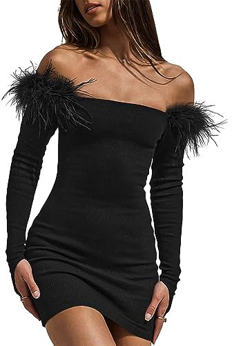 Women's Off Shoulder Bodycon Dress Feather Long Sleeve Ribbed Knit Elegant Cocktail Evening Party Mini Dresses (Black, S)