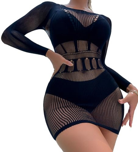 uinnossvc Mesh Long Sleeve Top, Fishnet Tights Womens Long Sleeves Sheer Mesh See Through Jumpsuit Bodysuit Top Leotard Women’s Sexy Rhinestone Fishnet See Through Lace Mini Dress Jumpsuits Clubwear