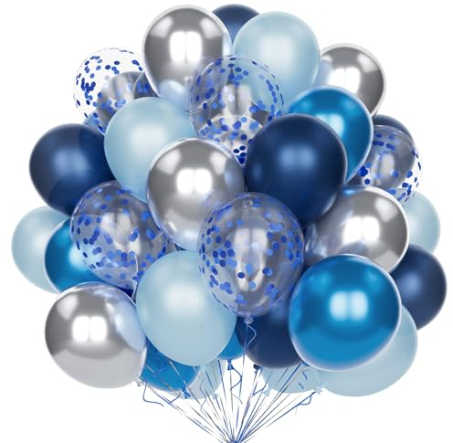 Ballons Bleu Marine Argenté, 60 Pcs 12 Pouces Foncé Nacré Clair Métallisé Avec Confettis Latex Hélium pour Anniversaire Mariage Fête Baby Shower Décor