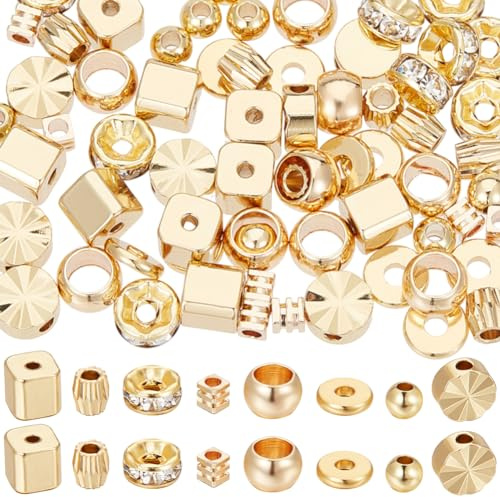 Beebeecraft 1 Box 80 Stück 8 Stile Abstandsperlen 18K Vergoldet Glatte Gemischte Formen Würfel Doppelkegelscheibe Flache Runde Gerillte Würfel Rundperlen Für Die Schmuckherstellung Armbänder Halskette