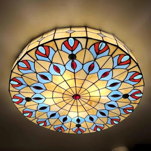 AIBOTY Peacock Tiffany Deckenleuchte, 20 Zoll Hand-Made Stained Glass Flush Mount Deckenleuchte, Bunte Pfau Lampe Glas Schatten Kronleuchter für Wohnzimmer Schlafzimmer Küche Esszimmer bar