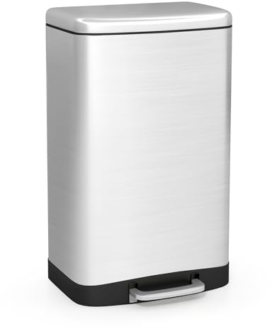TANGZON 50L Recycling Pedal Bin, Stainless Steel Kitchen Bin with Plastic Inner Bucket, Soft Closure Lid, Handle & Non-Slip Base, Fingerprint-Proof Waste Separation Trash Can for Home Office