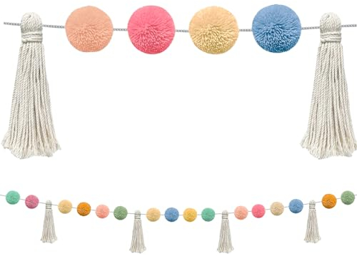 Fatiya Bommel-Girlande, Boho-Quaste, 200 cm, Bunte Pompon-Girlande, 16 Bälle, Bommel-Girlande für Klassenzimmer, Weihnachten, Valentinstag, Ostern, Innenund Außenbereich,