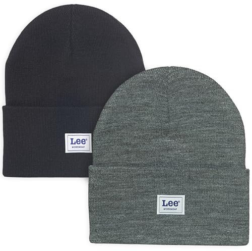 Lee Workwear Herren-Beanie-Mütze, Strickmütze mit Bündchen, Totenkopf-Wintermütze, 2 Stück, Charcoal Heather/Jet Black, M/XL