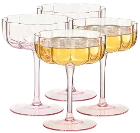 Khen Flower Vintage Wavy Glass Coupes Martini, Champagne & Cocktail Coupes - Set of 4-7oz Colorful Cocktail Glasses & Prosecco, Mimosa Glassware Copyright Design - Blush Pink