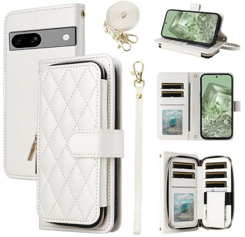ELISORLI Wallet Case for Google Pixel 7A 5G 2023 with Detachable Wrist Strap,Crossbody Shoulder Strap,9+ Card Slots Zipper Purse, Luxury PU Leather Stand Cell Phone Cover for Pixel7A A7 Women White