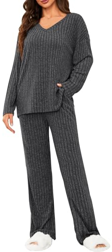 Tuopuda Zweiteiler Damen Lounge Set Rundhals Einfarbig Loungewear Gerippt Shirt Top Langärm mit Hose 2-Teiliges Hausanzug Jogginganzug Sporthose Sleepwear Freizeit Outfit, Schwarz, M
