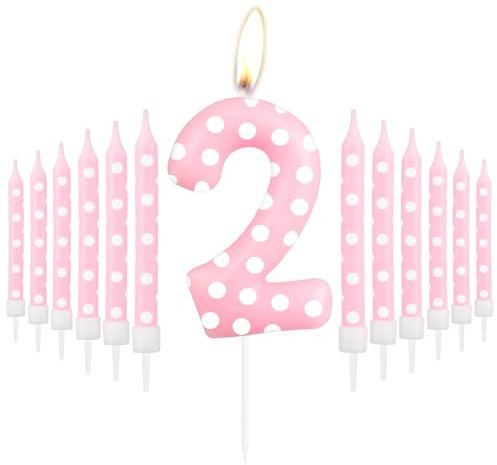 Pink Birthday Candles Set, Pink Number 2 Candles with Polka Dot for Cake, Girls 2nd Birthday Candles, Pink Cake Topper for Girls, Pink Candles Cake Topper for Girls Birthday Party Decorations