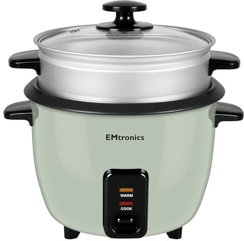 EMtronics EMRCDSTSG1-5 Rice Cooker 1.5 Litre with Automatic Cooking, Steamer Tray and Warmer Function with Removable Non-Stick Bowl, Measuring Cup and Spatula 500W - Sage Green