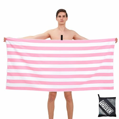 Large Microfibre Beach Towel for Adult,160x90cm Double Sides Pink Striped Sand Free Beach Towel,Lightweight Quick Dry Travel Swim Towel with Bag,Compact and Thin Sports Towel Yoga Gym for Women Men