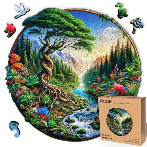 LEOGOR The Original Extra Large Wooden Puzzle for Adults | Majestic Landscape - 500 Pieces 45.7 cm x 44.5 cm | A Vibrant Mosaic of Nature, Birds, Flowers and Animal Shaped Wood Jigsaws