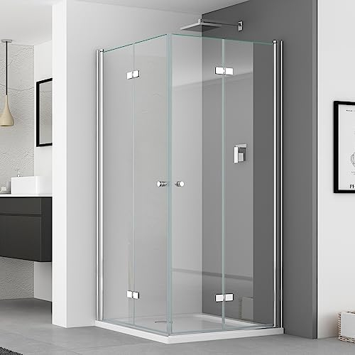 IMPTS Duschabtrennung 90x120cm Eckeinstieg Flattür Duschkabine Flatbar Doppel Duschtür Rahmenlos Falttürkabine 5mm ESG-Glas 180°Drehfalttür Duschwand Faltdusche eckdusche Höhe 185cm