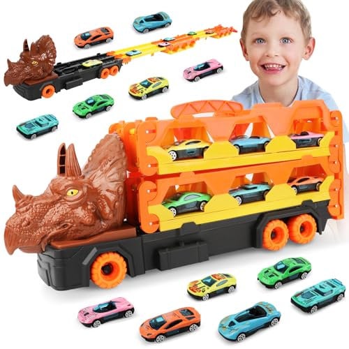 VATOS Transport Truck Mit Dinosaurier Rennstrecke für Jungen 3-7 Jahre - Tragbares Spielzeug Set Mit 6 Rennwagen, Träger LKW Fahrzeuge für Kinder