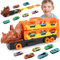 VATOS Transport Truck Mit Dinosaurier Rennstrecke für Jungen 3-7 Jahre - Tragbares Spielzeug Set Mit 6 Rennwagen, Träger LKW Fahrzeuge für Kinder