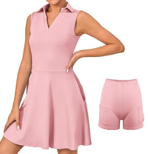 Bezioner Tennis Dresses for Women Golf Dress with Shorts Workout Athletic Dress Sleeveless with Pockets Pink XS