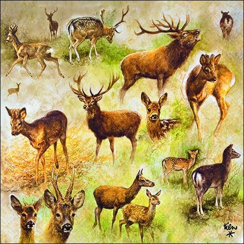 20 Servietten Tiermotive Collage an Hirsche und Rehe als Tischdeko. Papierservietten mit Motiv. Auch für Decoupage und Serviettentechnik 33x33cm