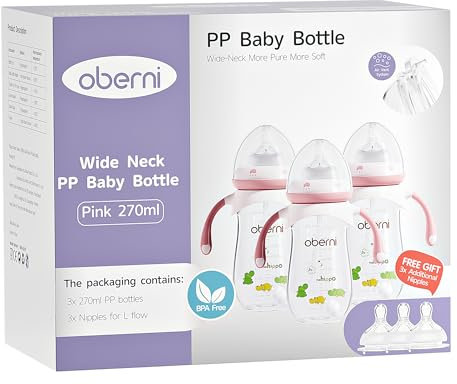 Oberni Babyflaschen Mit weighted Strohhalm, Babyflasche Anti Kolik für Neugeborene Ab 12 Monate, 270ml Milchflasche mit Silikon Sauger Größe 4, Griffs, Rosa, 3 Stück