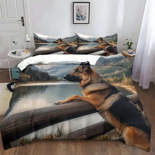 XCQHZYQ Bettwäsche 135x200 cm Deutscher Schäferhund See Berge Bettwäsche-Set Gebürstet Baumwolle Polyester 1 Bettbezug + 2 Kopfkissenbezug 80x80cm mit Reißverschluss