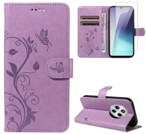 crisant Funda Compatible con Xiaomi Redmi 14C/ Poco C75 / Redmi A4 5G, con 1 Pieza Vidrio Templado Protector de Pantalla, Cuero PU y Libro Movil Carcasa, Función de Soporte y Billetera Caso - Morado