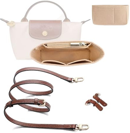 Taschen-Organizer & Schultergurt für Longchamp Mini, Filz Geldbörsen-Organizer mit Mehreren Taschen, No-Punch Längenverstellbarer Schultergurt für Longchamp Mini Kleine Tragetasche (Beige&Braun)