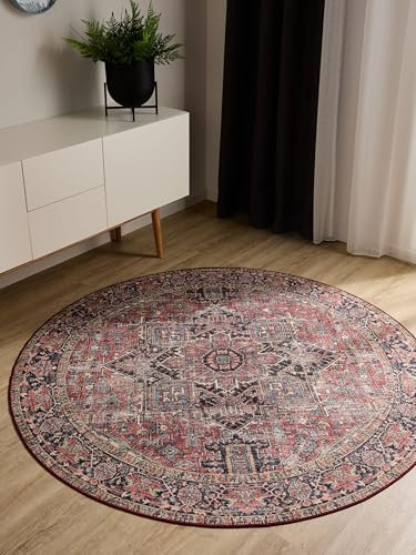benuta Basic Waschbarer Teppich George - Multicolor/Beige 120 cm Rund - Kunstfaser - Rund & im Style: Vintage, Elegant, Retro - Pflegeleicht für Wohnzimmer Schlafzimmer