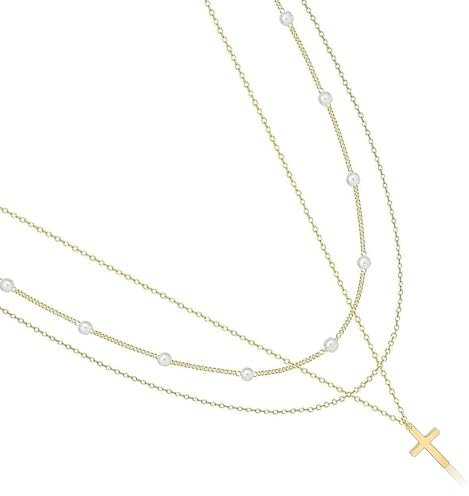 Kreuz Kette Gold,Kreuz Kette Damen,Multi Goldene Kette Damen,Layers Kreuz Kette Damen Gold,Halskette Cross,Wasserfest Kreuzkette Mit Schmuck Perlen,Schmuck Vergoldete Necklace für Frauen Geschenke