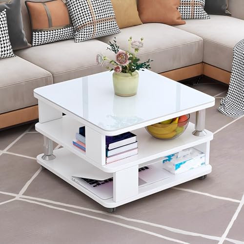 GHBXJX Kleiner Couchtisch, Ablag Mit Offenes Fach Und Rollen,Beistelltisch Wohnzimmertisch Betttisch, Sofatisch Modern Table mit Glasplatte für Schlafzimmer, Loft,Coffee Table,Weiß,50x50x55cm