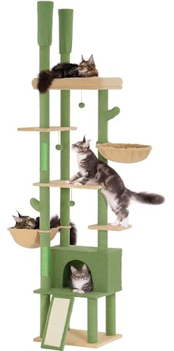 Aechonow Cactus Albero per gatti di grandi dimensioni, grandi letti a trespolo, torre angolare regolabile (220-274 cm), amaca marrone, accogliente condominio per gatti grandi interni, verde