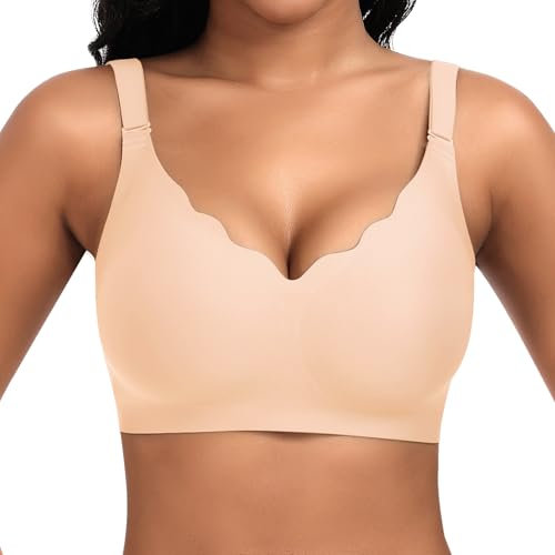Cavotor Non Wired Support Bras for Women Wireless Push Up Bra Large Breasts Ladies Soft T Shirt Seamless Bra Padded V Neck Bralettes with Extender (Beige,XL)
