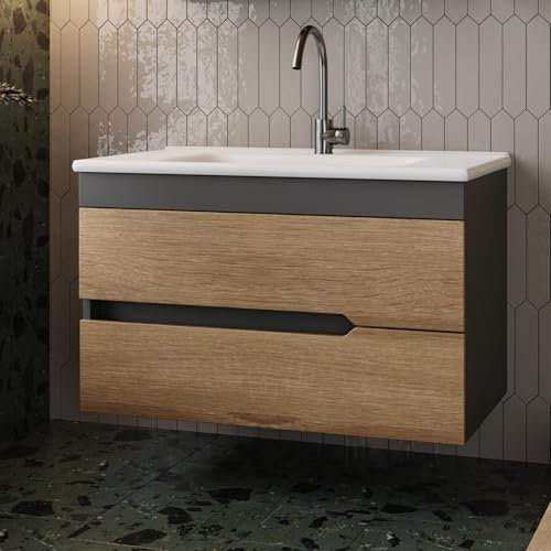 Karen Waschtisch mit Unterschrank Marmara | Keramikwaschbecken | Unterschrank | Badmöbel | Einbauwaschbecken | Waschtischkommode | Badezimmer | Anthrazit | Eiche (Marmara 85)