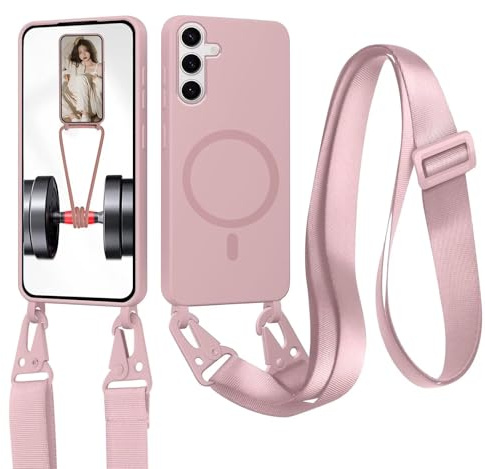 xinyunew Cordon de Coque Compatible avec Samsung Galaxy A25 Compatible avec MagSafe Coque,Collier Étui Silicone Liquide avec Tour de Cou Lanière en Corde Souple TPU Antichoc Housse-Sable Rose