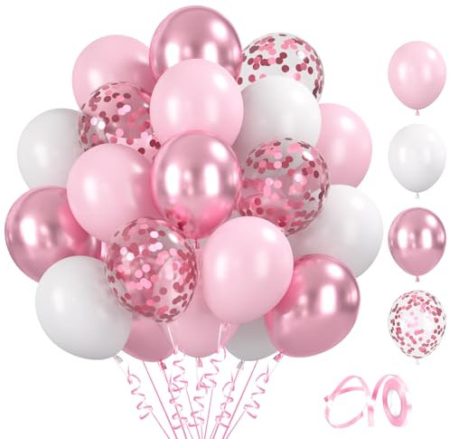 Cadimus 60 Pièces Ballons Rose Blanc, 12 Pouces Latex Ballon Rose Pastel Blanc, Ballons Metalliques, Ballon Confettis, pour Anniversaire Mariage Décoration de Fête