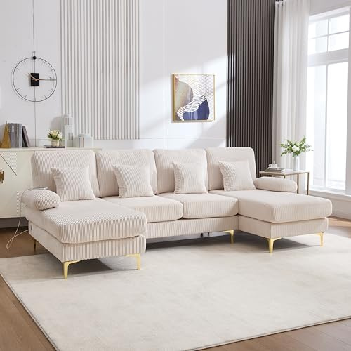 A ALFRESCOOL Sofa mit Schlaffunktion, U-Form Wohnlandschaft Eckcouch mit Abnehmbarem Bezug mit LED Ambientebeleuchtung & der USB-C, Ecksofa für Wohnzimmer & Schlafzimmer (BxTxH) 265x135x88cm(Beige)