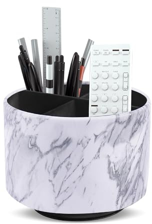Czzmy Rund Stiftehalter,Leder,360° drehbar,Fernbedienungshalter, drehbarer Nachttisch, TV-Fernbedienung, Schreibtisch-Organizer für Stifte, Bürobedarf, Aufbewahrungsbox(1-Marmor Weißes Silber)