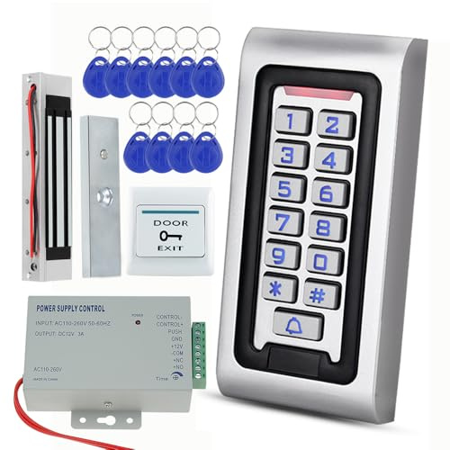 Fredorlokk Kit de système de contrôle d'accès indépendant avec Clavier en métal étanche IP68, Verrouillage magnétique en Mode NC (180 kg/350 LB), dix Porte-clés RFID 125 KHz, Source de