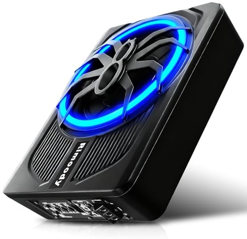Rimoody 25 cm platt subwoofer aktiv – 1000 W max Power, 120 W RMS, basförstärkning, undersäte subwoofer bil aktiv, alltid blått ljus, för bil