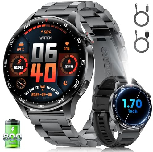 Smartwatch Herren mit Bluetooth-Anruf, 1,7-Zoll-Großbildschirm-Smartwatch mit LED-Taschenlampe/800 mAh/IP68 Wasserdicht/100+ Sportmodi/Herzfrequenz/Schlafmonitor für Android iOS, Schwarz-Silikon