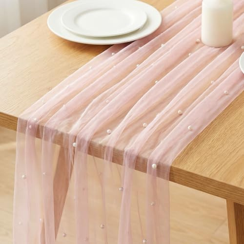 Cobee Mode Rosa Tüll mit Perlen, 75 x 300cm Tischläufer Perlenspitze Tischdecke Rosa Spitzen Tüllstoff Netz Tischband für Tischdekoration Hochzeit Geburtstag Party Dekor