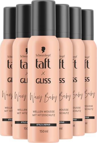 taft x GLISS Wellenmousse Wavy Baby (6x 150 ml), Schaumfestiger für geschmeidige Wellen bis zu 48 h, Haarschaum für bis zu 230 °C Hitzeschutz, mit Phyto-Keratin