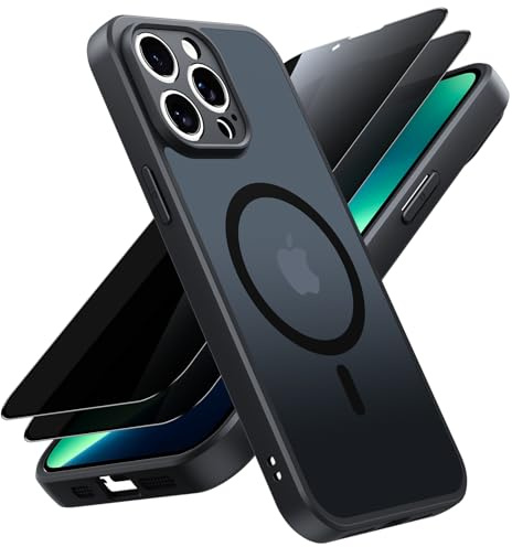 Yxnvixn Magnetic for iPhone 13 Pro Max Case with 2* Privacy Screen Protector, [Compatible with Magsafe] Translucent Matte Back Slim Shockproof Anti-Fingerprint Phone Case Cover 6.7-Inch, Black
