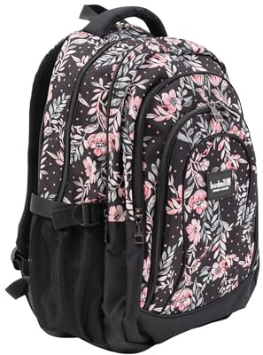 budmil Lynsey Schulrucksack für Jungen und Mädchen 45L Rosa Blumen - für Teenager Kinder ab Klasse 5 - Wasserabweisend - Rucksack mit Laptopfach & 4 Fächer & Belüftete Rückseite