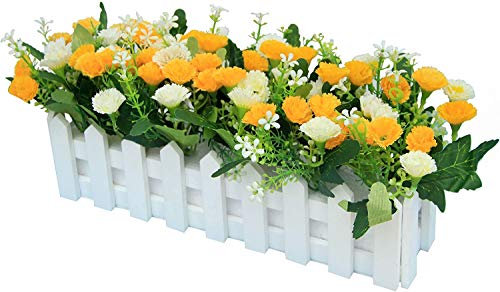 Flikool Carnations Fleurs Artificielles avec Clôture Truqué Plantes Artificielles in Pot Simulation Potted Bonsai Faux Floral Artificiels Balcon Maison Ornements de Décoration - Jaune