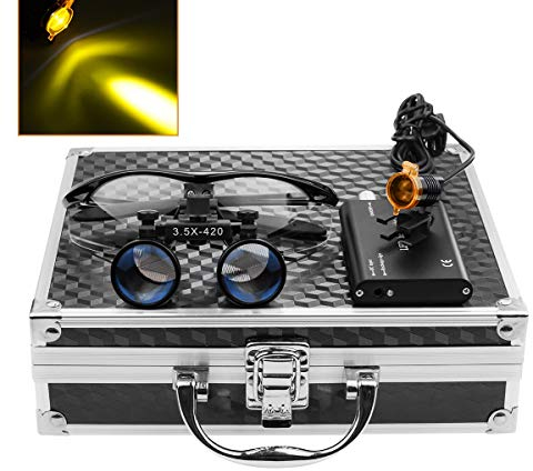 3W LED Scheinwerfer Lampe mit Filter + 3.5x 420mm Arbeitsabstand Chirurgische Binokularlupen Optisches Glas + Aluminiumbox Schwarz