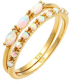 Elli Ring Damen Set mit synthetischem Opal Vintage Look aus 925 Silber | vergoldet